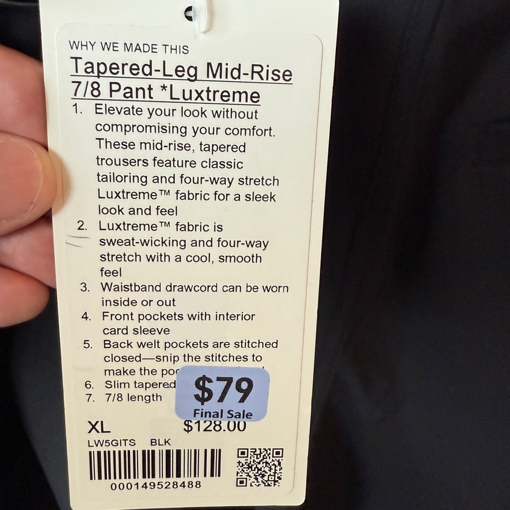 Lululemon Athletica Black Tapered-Leg Mid-Rise 7/8 Pant